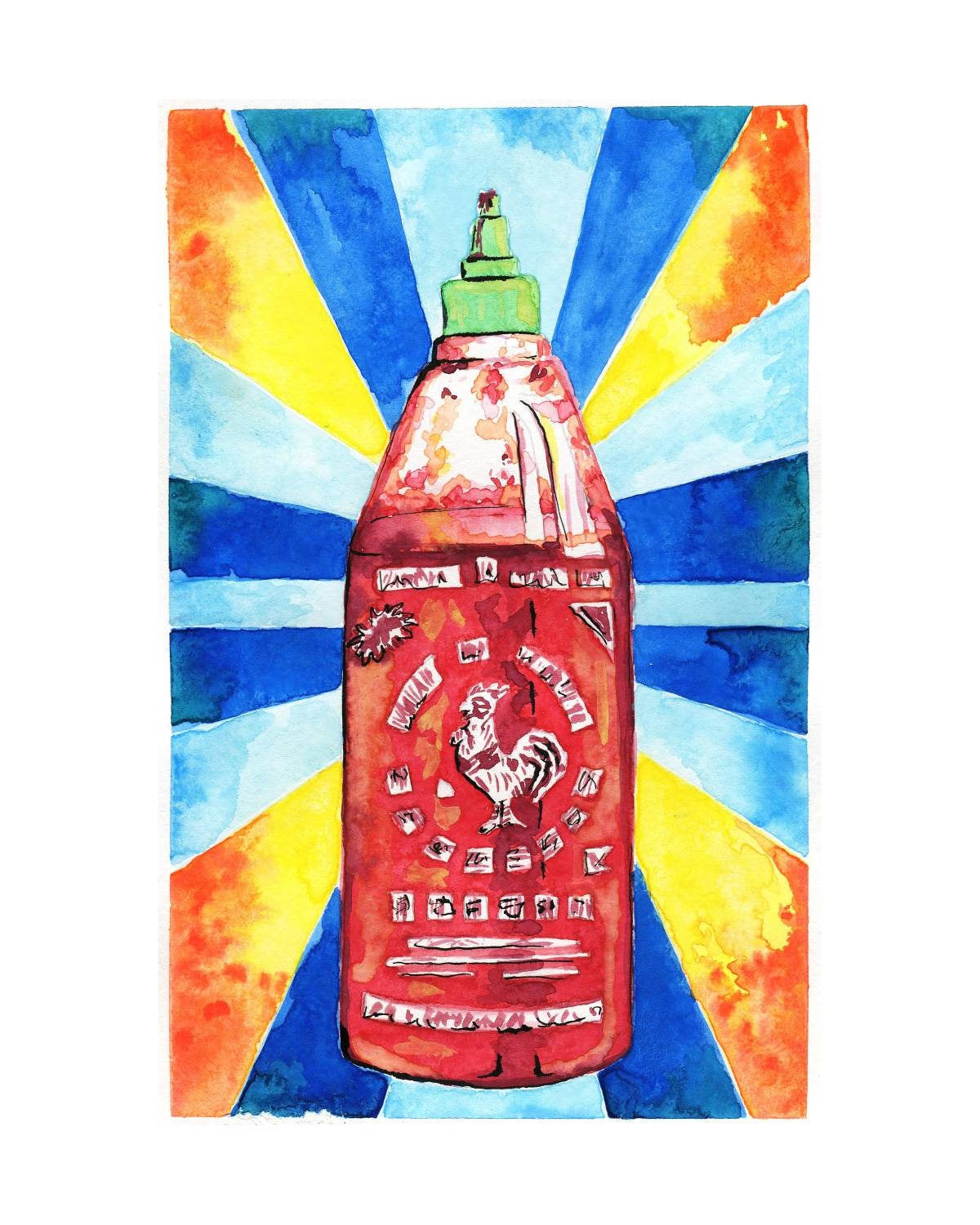 Sriracha Sauce Bottle Watercolor Print/ Hot Sauce/ Chili Sauce/ Kitchen Decor/ Foodie Art