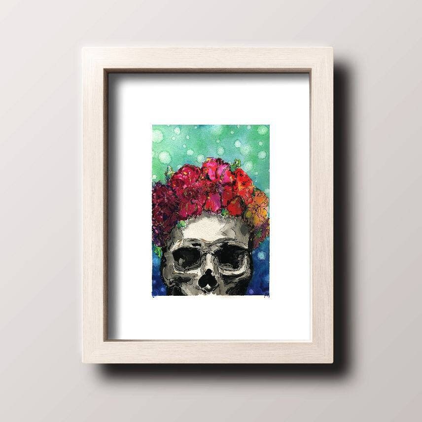 Day of the Dead Watercolor Art Print/ Flower Crown/ Skull/ Day of the Dead Art/ Die De Los Muertos Art/ Home Decor
