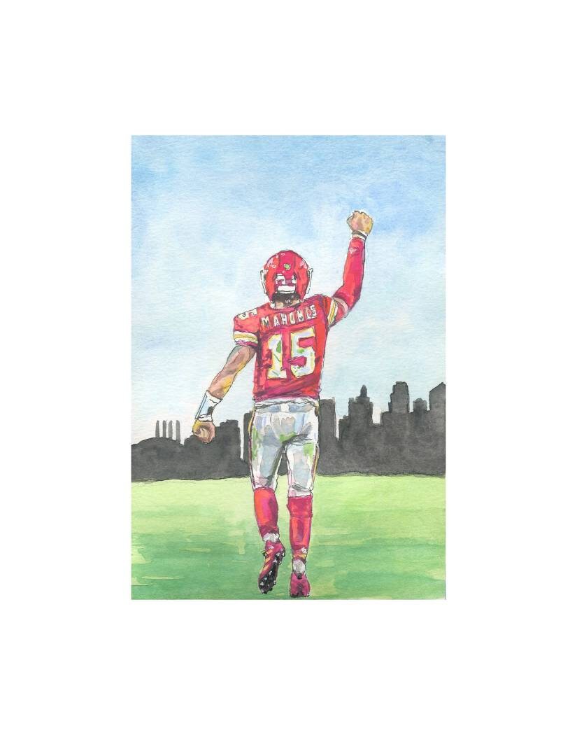 Patrick Mahomes Chiefs Football Watercolor and Ink Print/ Kansas City Football/ Kansas City Chiefs Art/ Kansas City Decor