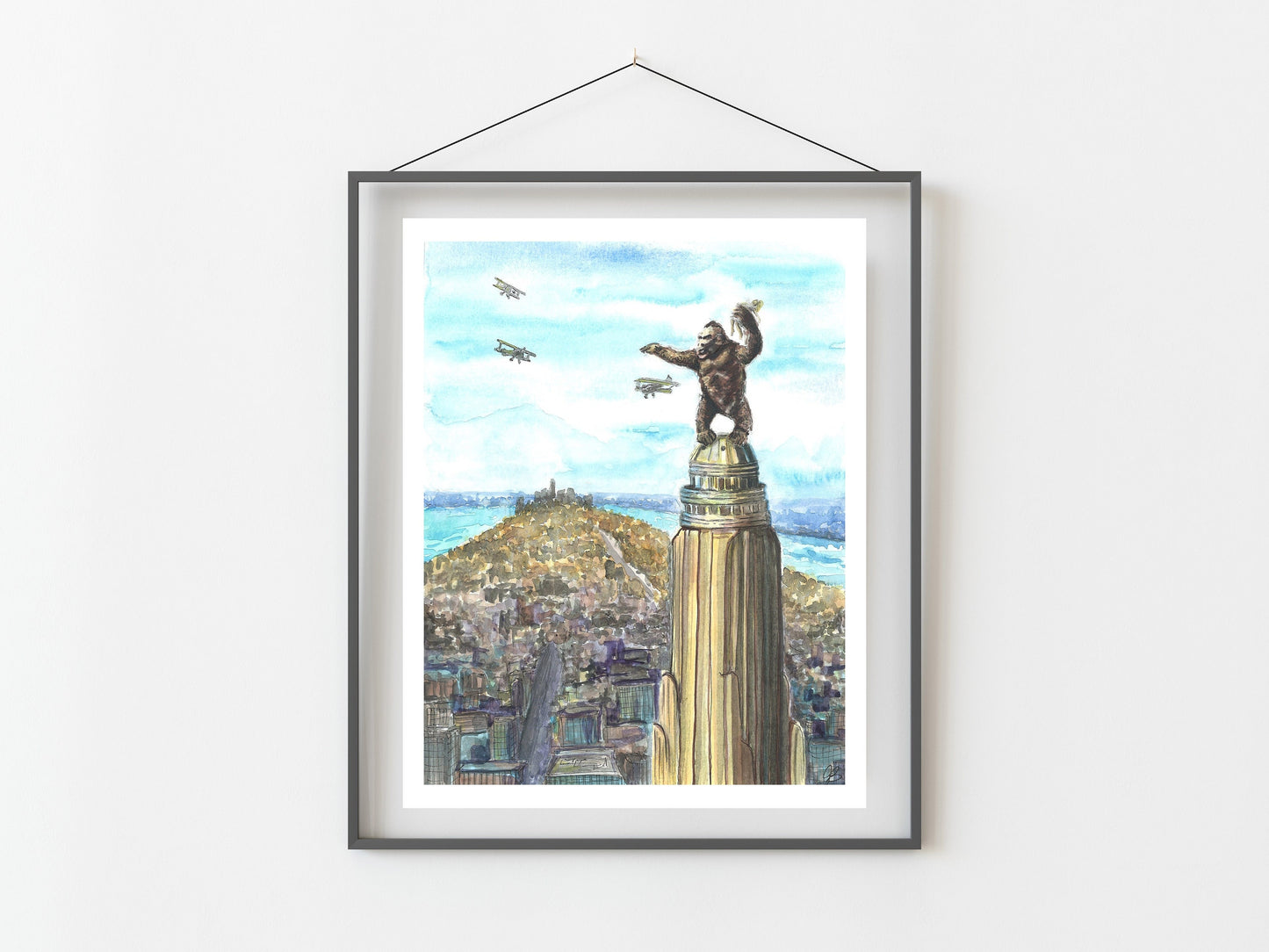 King Kong NYC Watercolor Art Print/ King Kong in New York City/ Cityscape/ NY Art/ Skyline Art/ Home Decor/ Movie Art