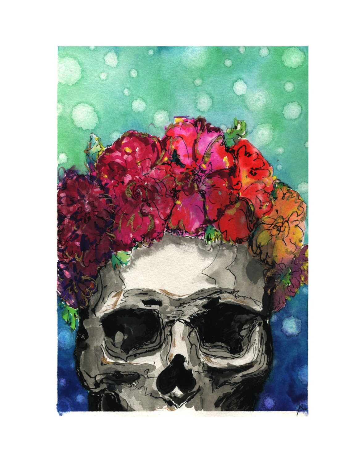 Day of the Dead Watercolor Art Print/ Flower Crown/ Skull/ Day of the Dead Art/ Die De Los Muertos Art/ Home Decor
