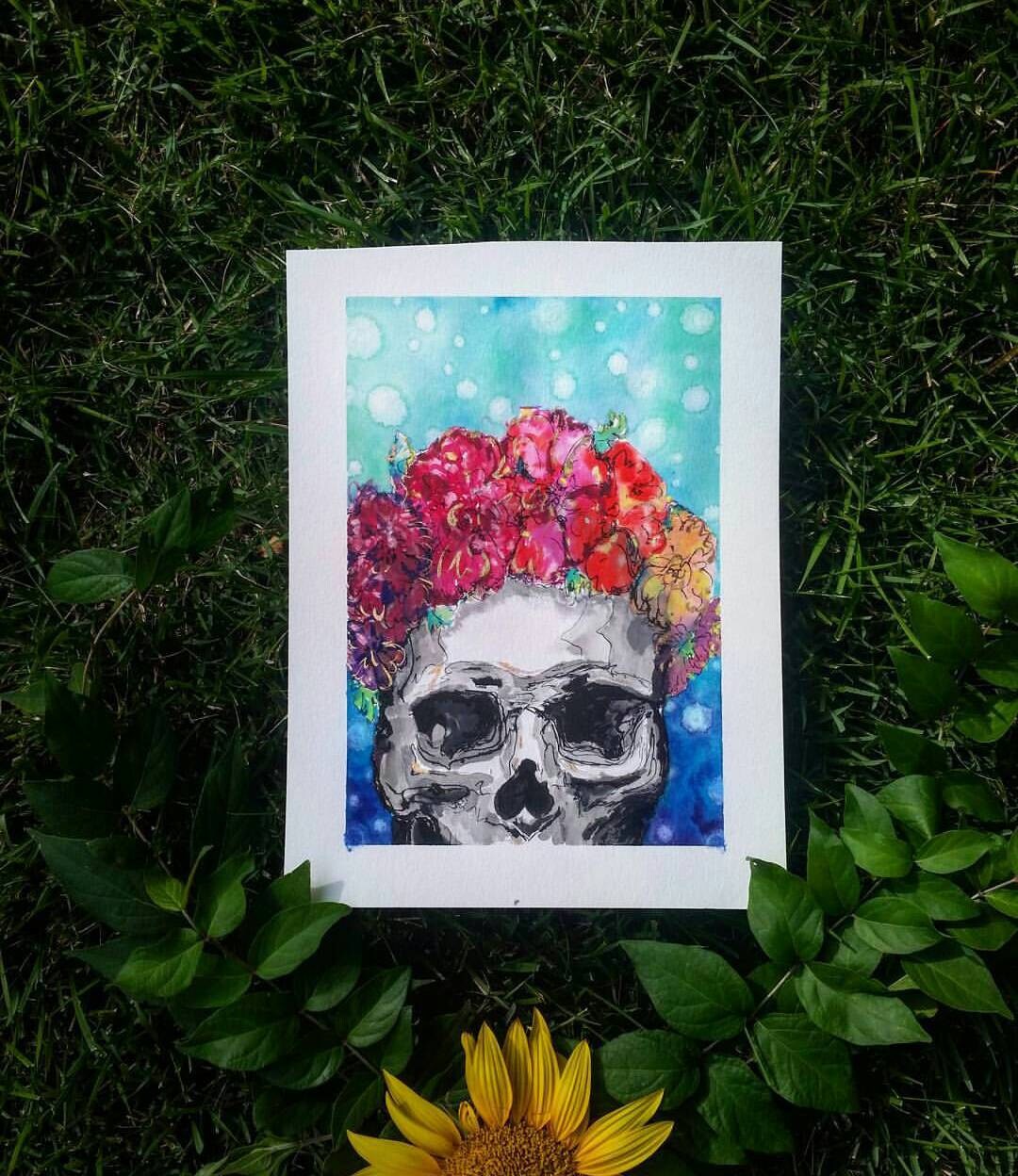 Day of the Dead Watercolor Art Print/ Flower Crown/ Skull/ Day of the Dead Art/ Die De Los Muertos Art/ Home Decor