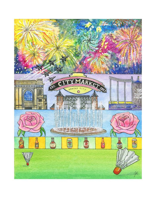 Summer in Kansas City Watercolor Art Print 11x14"/ KC Art/ KC Decor/ Kansas City Artwork/ Rose Garden/ Fireworks/ Home Decor