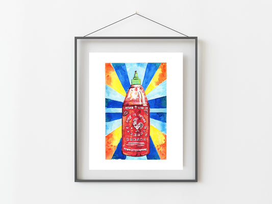 Sriracha Sauce Bottle Watercolor Print/ Hot Sauce/ Chili Sauce/ Kitchen Decor/ Foodie Art
