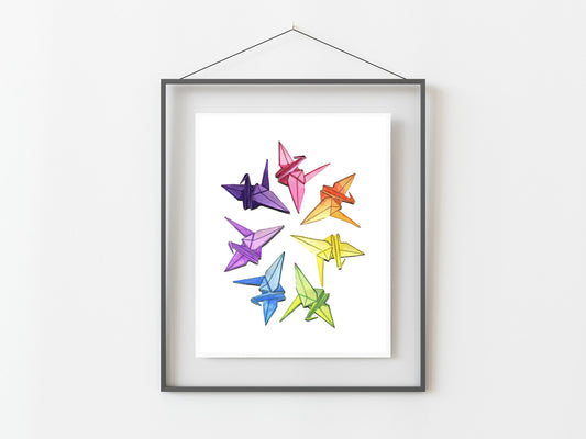 Paper Crane-bow Rainbow Origami Watercolor Art Print/ Watercolor Artwork/ Rainbow Art/ Origami Artwork