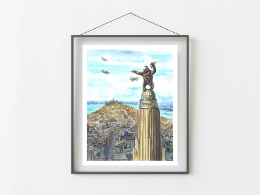 King Kong NYC Watercolor Art Print/ King Kong in New York City/ Cityscape/ NY Art/ Skyline Art/ Home Decor/ Movie Art