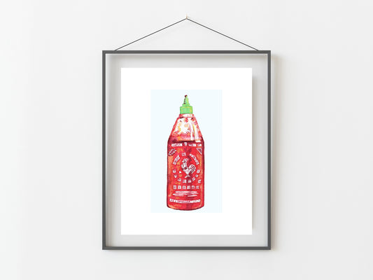 Sriracha Sauce Bottle Watercolor Art Print/ Foodie Art/ Hot Sauce Art/ Kitchen Decor/ Home Decor